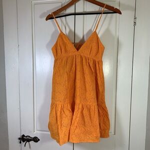 Zara Eyelet Babydoll‎ Summer Dress Medium Festival Spaghetti Tie Back Orange